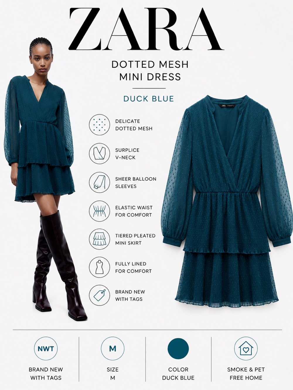 ZARA Dotted Mesh Tiered Mini Dress Duck Blue Green Size M NWT
